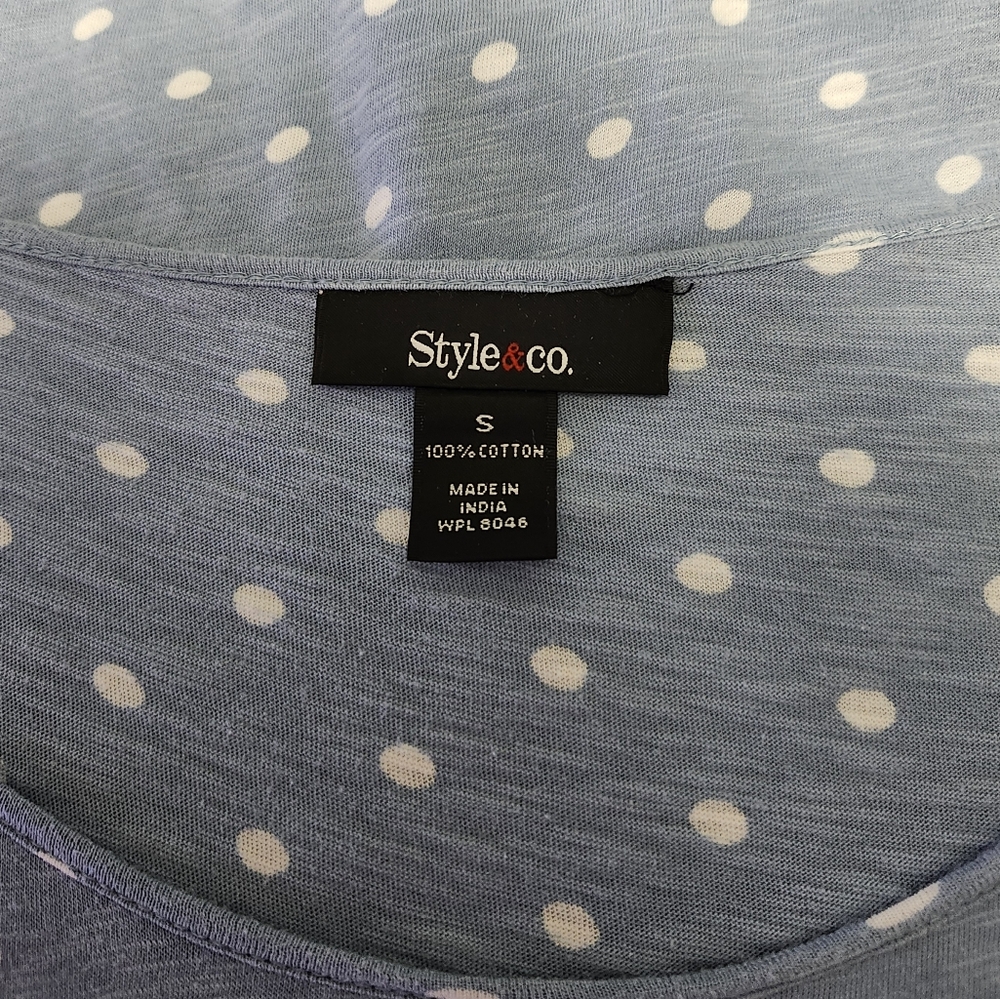 Style & Co. Blue Polka Dot Ruched Top/Shirt 3/4 Sleeve Women's Size Small - Picture 3 of 10